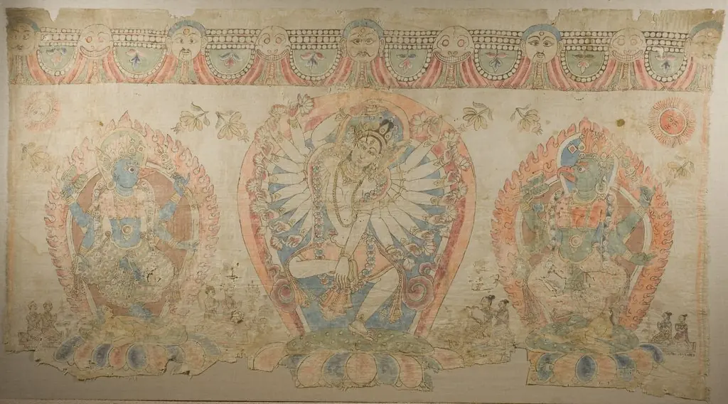 Tantric Temple Banner of a Dancing Goddess Flanked by Dakinis, by Unknown, 1650