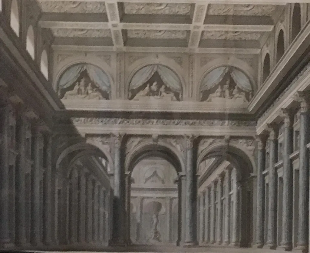 Teaterdekoration: Det indre af en Stor søjlehal., by Unknown, unspecified, 1817