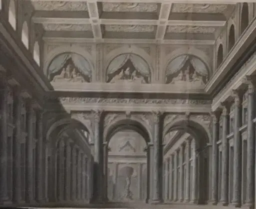 Teaterdekoration: Det indre af en Stor søjlehal., by Unknown