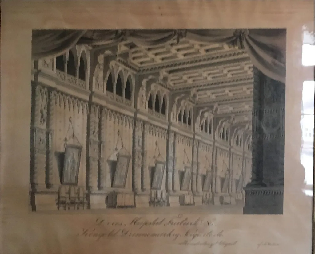 Teaterdekoration. En riddersal i gotisk stil, by Unknown, unspecified, 1817