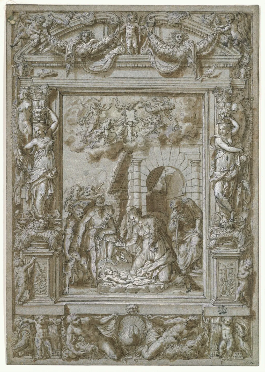 The Adoration of the Shepherds, in an architectural frame ornamented with caryatids, putti, festoons, birds, trophies etc, by Unknown, 1550