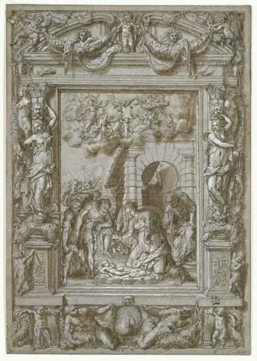 The Adoration of the Shepherds, in an architectural frame ornamented with caryatids, putti, festoons, birds, trophies etc, by Unknown
