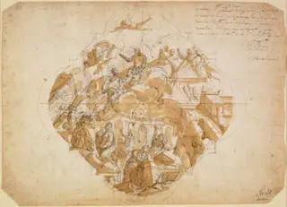 The arts lamenting the destruction of their works, design for a ceiling painting, by Unknown, 1750