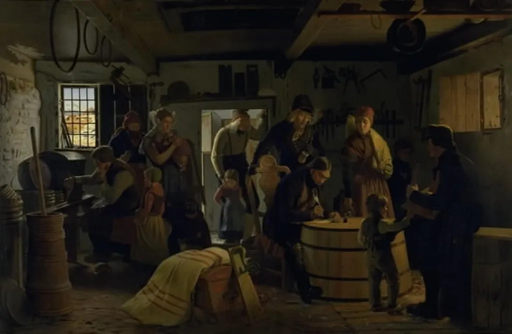 The Bailiff Calls on a Poor Cooper in Salling, by Unknown, 1859