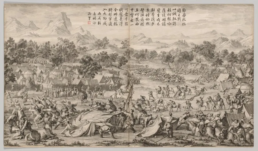 The Battle at Elei Zhalatu: from Battle Scenes of the Quelling of Rebellions in the Western Regions, with Imperial Poems, by Unknown, 1770