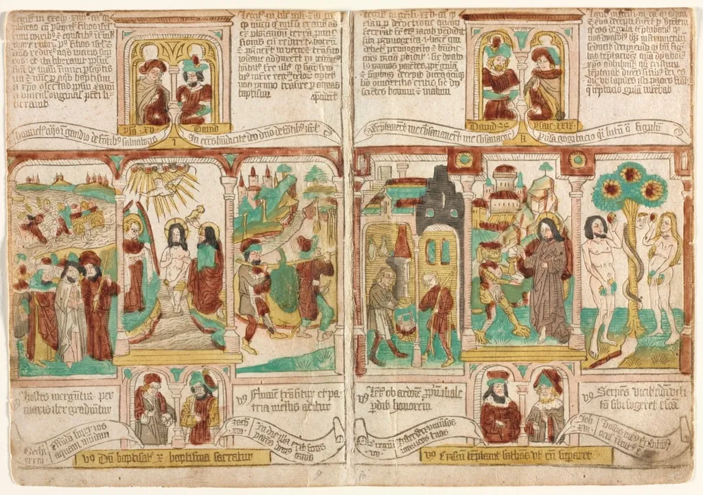 The Bible of the Poor (Biblia Pauperum),
Pharaoh's Army Drowned in the Red Sea; Baptism of Christ; and Moses' Spies Returning with Grapes from Canaan
Esau Selling Jacob his Birthright; Temptation of Christ; and Temptation of Adam and Eve, by Unknown, 1465
