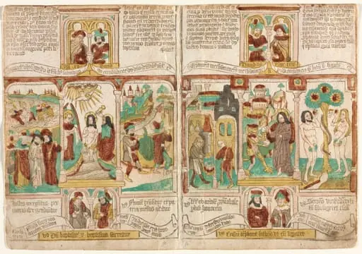The Bible of the Poor (Biblia Pauperum),
Pharaoh's Army Drowned in the Red Sea; Baptism of Christ; and Moses' Spies Returning with Grapes from Canaan
Esau Selling Jacob his Birthright; Temptation of Christ; and Temptation of Adam and Eve, by Unknown