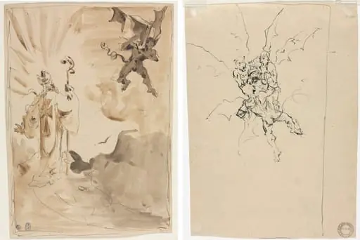 The Bishop and the Demon (recto); Three Demons Holding a Knight (verso), by Unknown