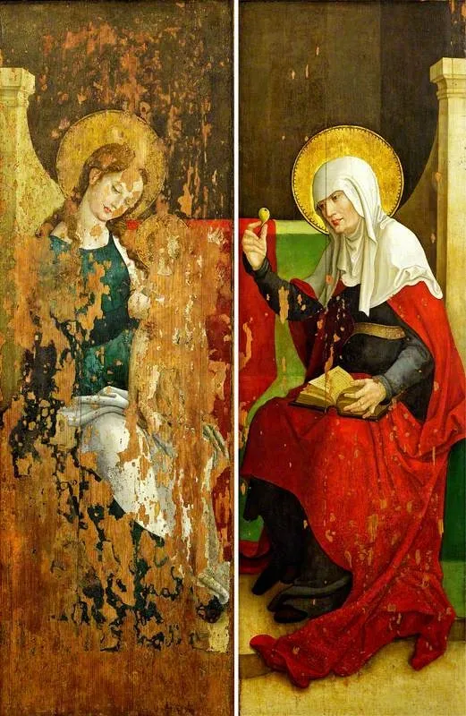 The Boppard Altarpiece: The Virgin and Christ Child (left panel); Saint Anne Offering a Pear (right panel) (triptych, closed), by Unknown, oil, 1515
