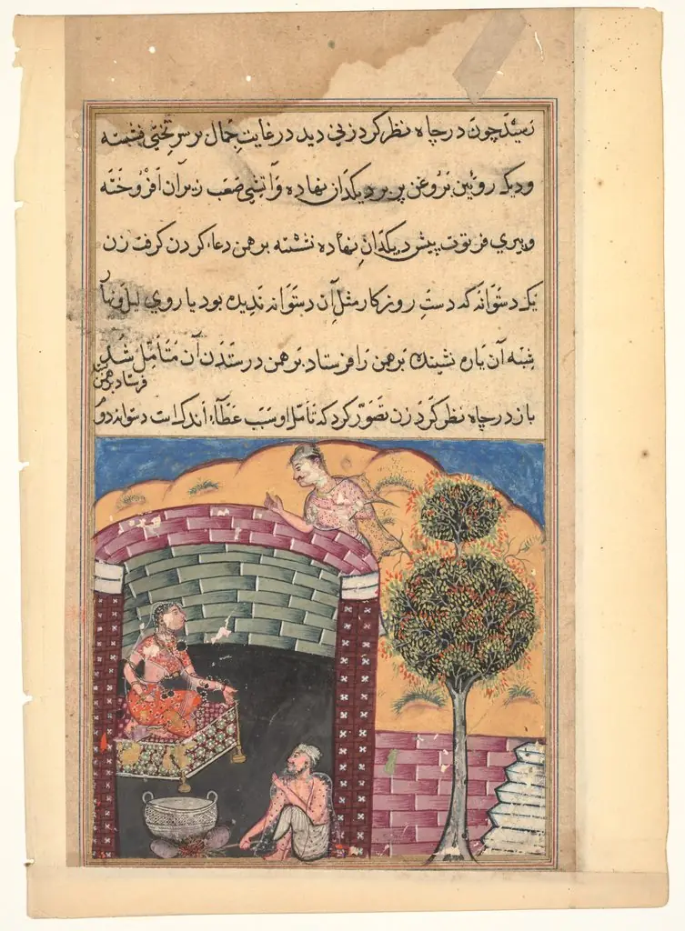 The Brahman gambler sees the daughter of the king of the jinns in a pit together with an old man and a cauldron of boiling oil, from a Tuti-nama (Tales of a Parrot: Seventh Night), by Unknown