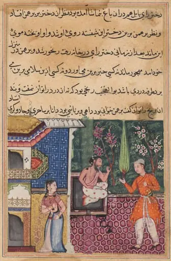 The Brahman gives an account of his falling in love with the king of Babylon’s daughter to his friend, the magician, from a Tuti-nama (Tales of a Parrot): Thirty-fifth Night, by Unknown