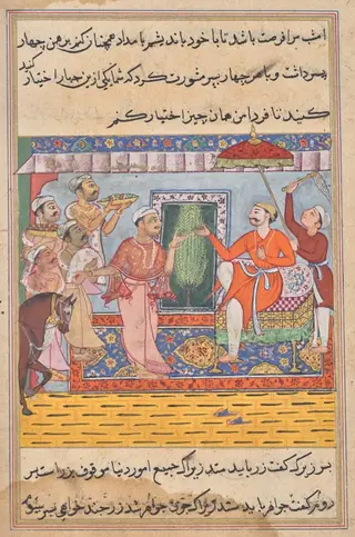 The Brahman, unable to select from the four gifts of the king of the Ocean seeks the Raja’s advice, from a Tuti-nama (Tales of a Parrot): Eleventh Night, by Unknown, 1560