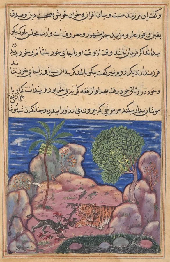The cat attacks the mice which disturb the lion, from a Tuti-nama (Tales of a Parrot): Fifteenth Night, by Unknown, unspecified, 1560