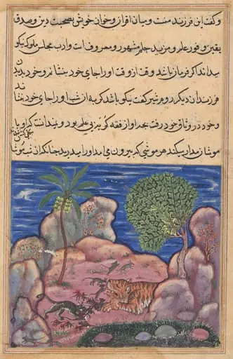 The cat attacks the mice which disturb the lion, from a Tuti-nama (Tales of a Parrot): Fifteenth Night, by Unknown