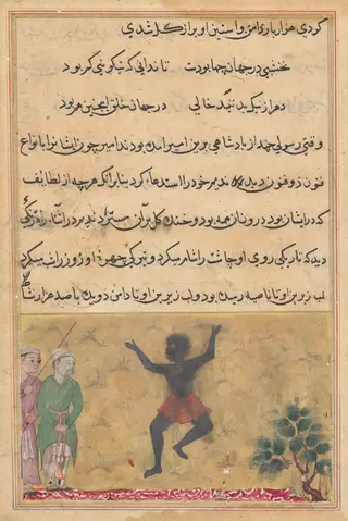 The court jester meets a Zangi dancing with joy, and learns from him that the cause of his happiness is his assignation with a woman who is the jester’s own wife, from a Tuti-nama (Tales of a Parrot): Twenty-second Night, by Unknown, 1560
