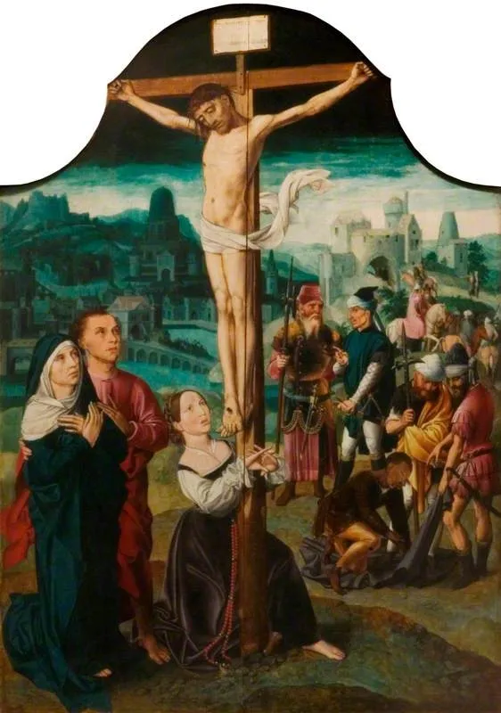 The Crucifixion with Mary Magdalen at the Foot of the Cross (triptych, centre panel), by Unknown, oil, 1500