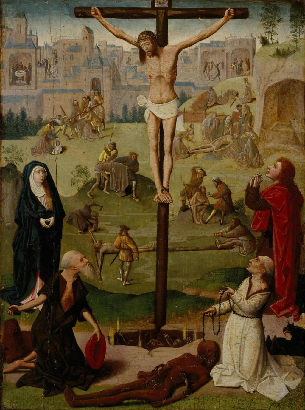 The Crucifixion with St Jerome and St Dominic and Scenes from the Passion, by Unknown, oil, 1450