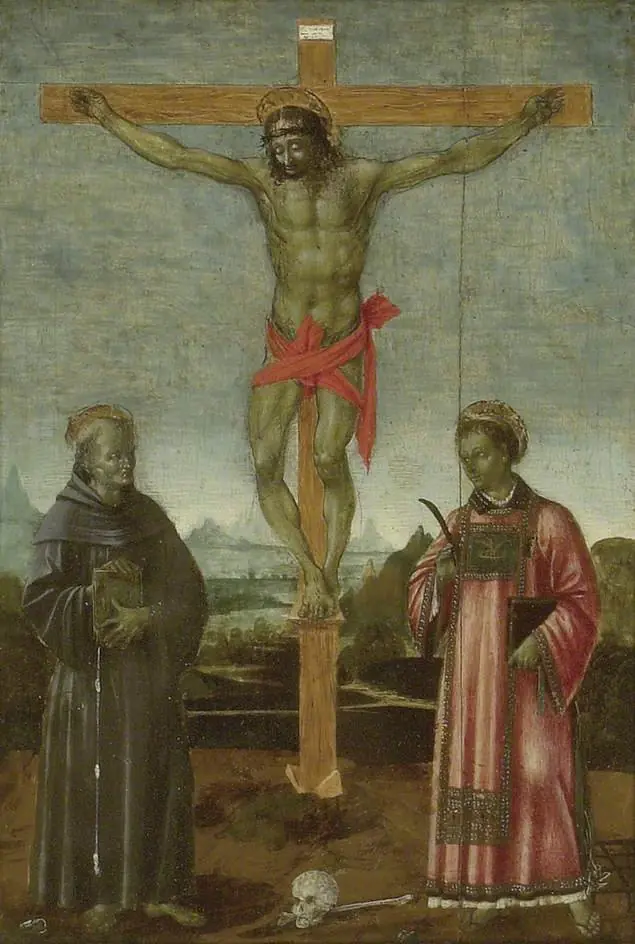 The Crucifixion with Sts Bernardino of Siena and Lawrence, by Unknown
