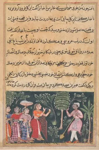 The daughter of the merchant of Mazanderan asks the gardener for the rose, from a Tuti-nama (Tales of a Parrot): Twelfth Night, by Unknown