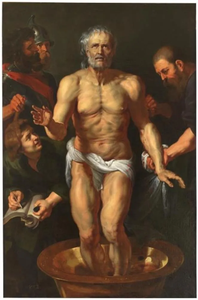 The Death of Seneca, by Unknown, oil, 1612