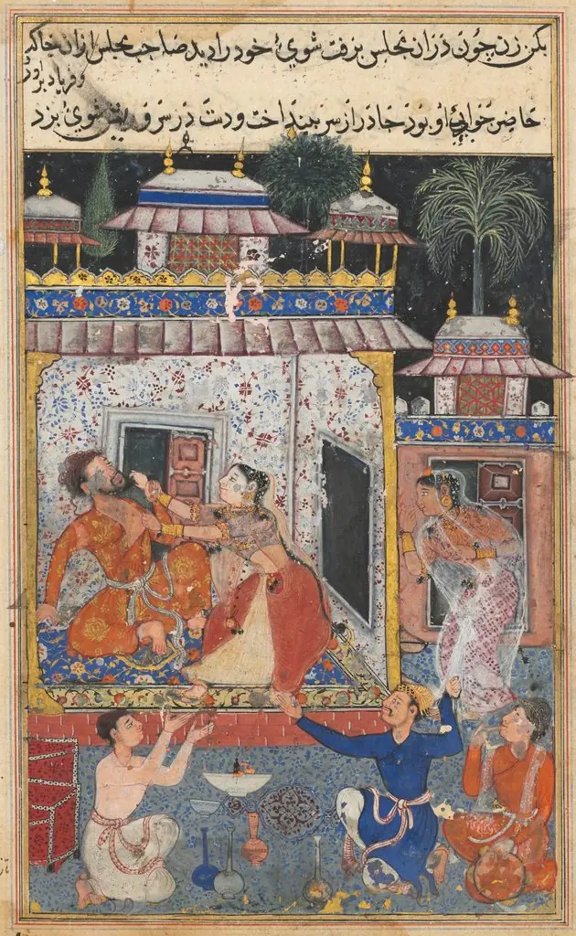The deceitful wife assaults her erring husband, from a Tuti-nama (Tales of a Parrot): Eighth Night, by Unknown