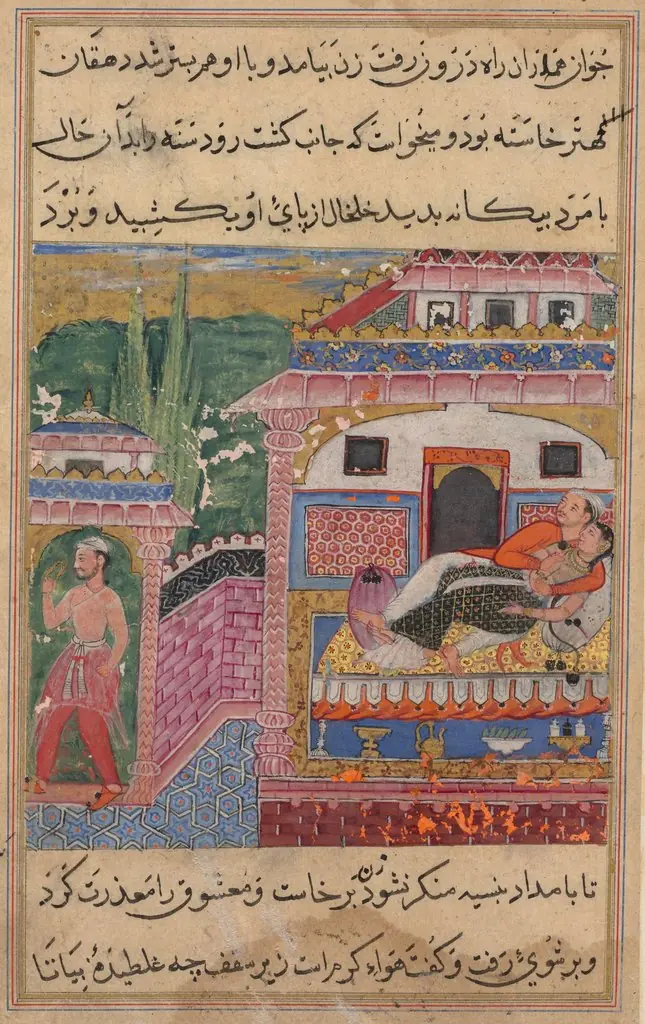 The deceitful wife persuades her husband to sleep in the same place where she had previously slept with her lover, from a Tuti-nama (Tales of a Parrot): Eighth Night, by Unknown