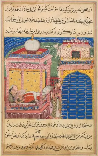 The deceitful wife persuades her husband to sleep in the same place where she had previously slept with her lover, from a Tuti-nama (Tales of a Parrot): Eighth Night, by Unknown