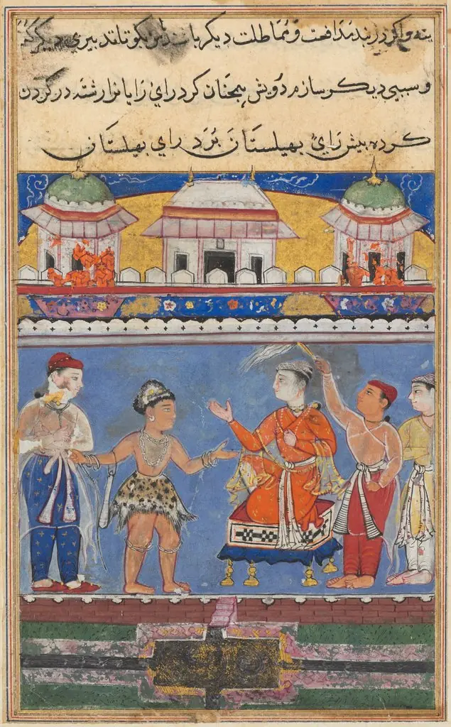 The dervish brings the King of Kings before the king of Bahilistan, from a Tuti-nama (Tales of a Parrot): Seventh Night, by Unknown