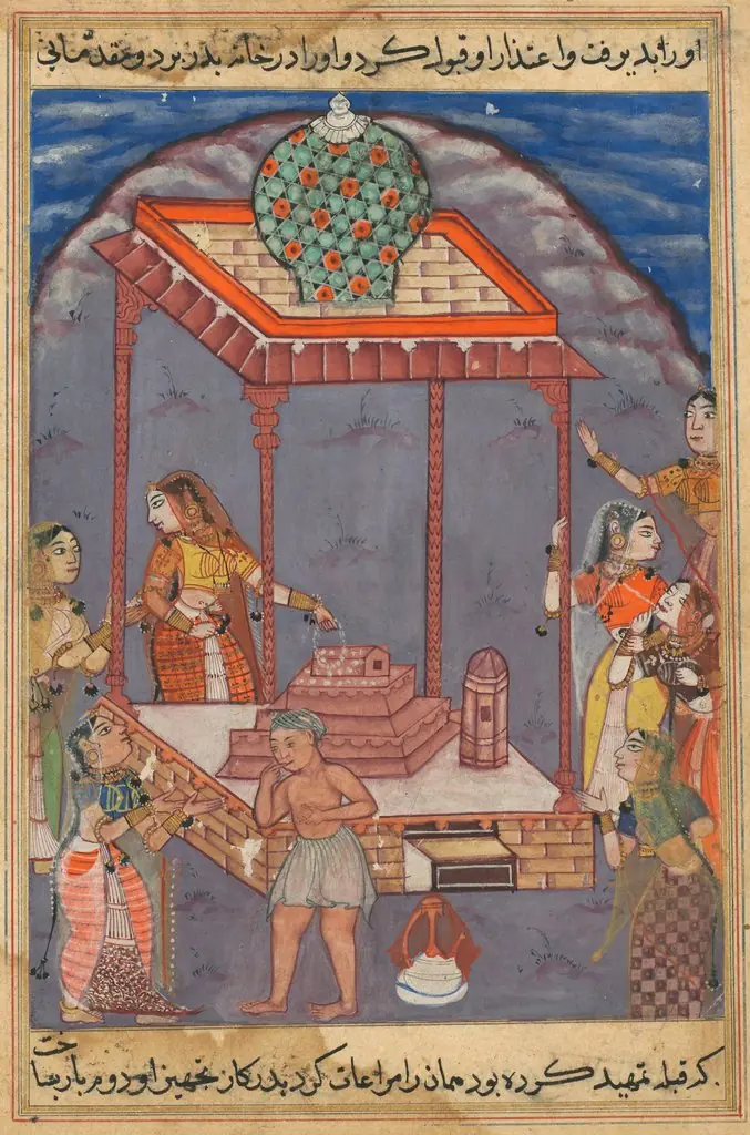 The destitute Mukhtar meets his wife Maimuna at a holy shrine, from a Tuti-nama (Tales of a Parrot): Twenty-fifth Night, by Unknown