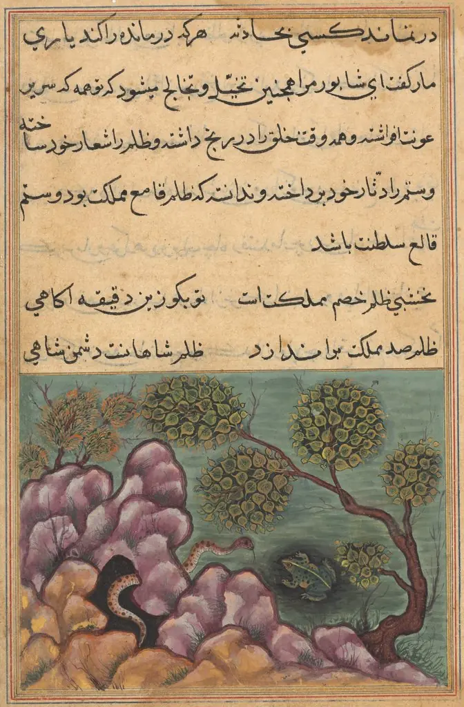 The dethroned frog Shapur seeks the help of the serpent, from a Tuti-nama (Tales of a Parrot): Twenth-sixth Night, by Unknown