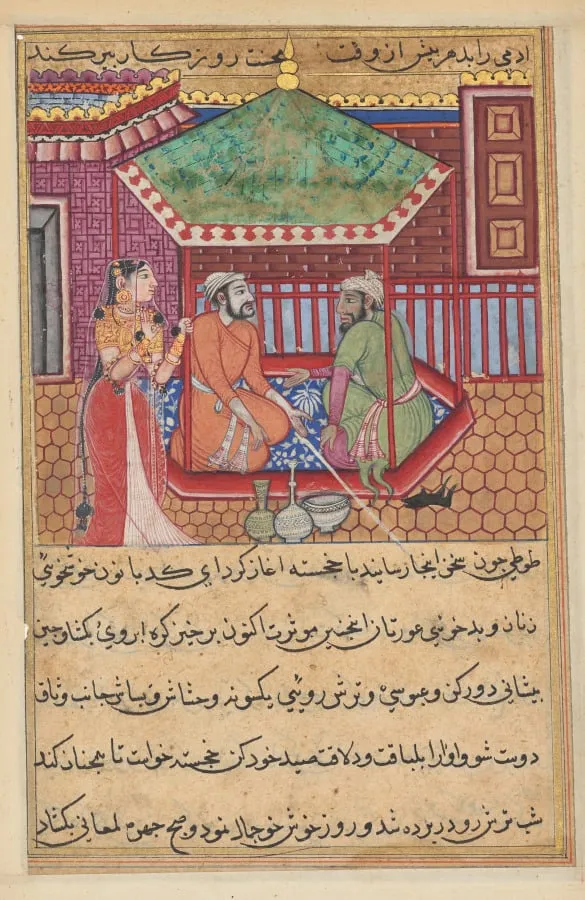 The eldest brother explains the reason for his youthful appearance, from a Tuti-nama (Tales of a Parrot): Forty-ninth Night, by Unknown, unspecified, 1560