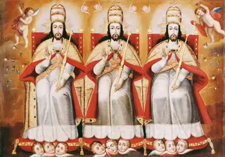 The Enthroned Trinity as Three Identical Figures, by Unknown, 1730