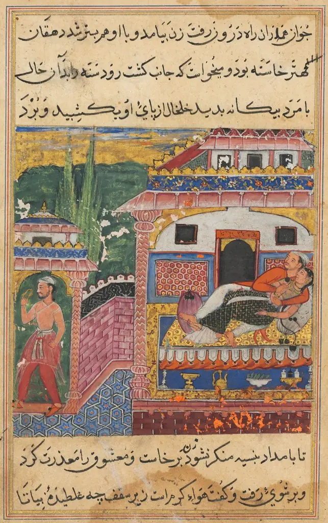 The farmer, father of the son with the deceitful wife, steals away with her anklet while she is in bed with her lover, from a Tuti-nama (Tales of a Parrot): Eighth Night, by Unknown