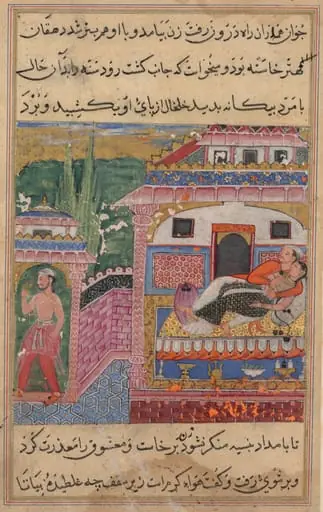 The farmer, father of the son with the deceitful wife, steals away with her anklet while she is in bed with her lover, from a Tuti-nama (Tales of a Parrot): Eighth Night, by Unknown