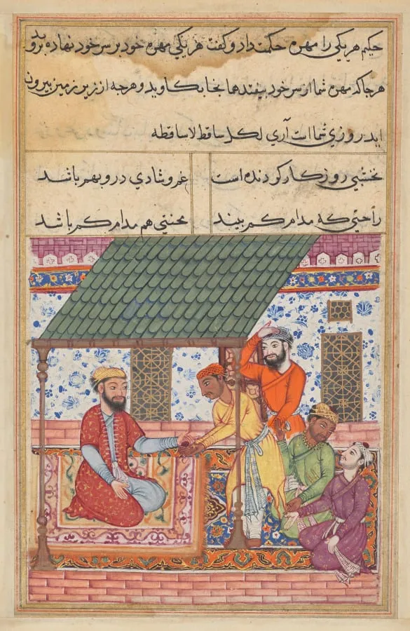 The four destitute friends go to a wise man who gives each one of them a magic shell to be placed on top of the turban, from a Tuti-nama (Tales of a Parrot): Forty-seventh Night, by Unknown, unspecified, 1560