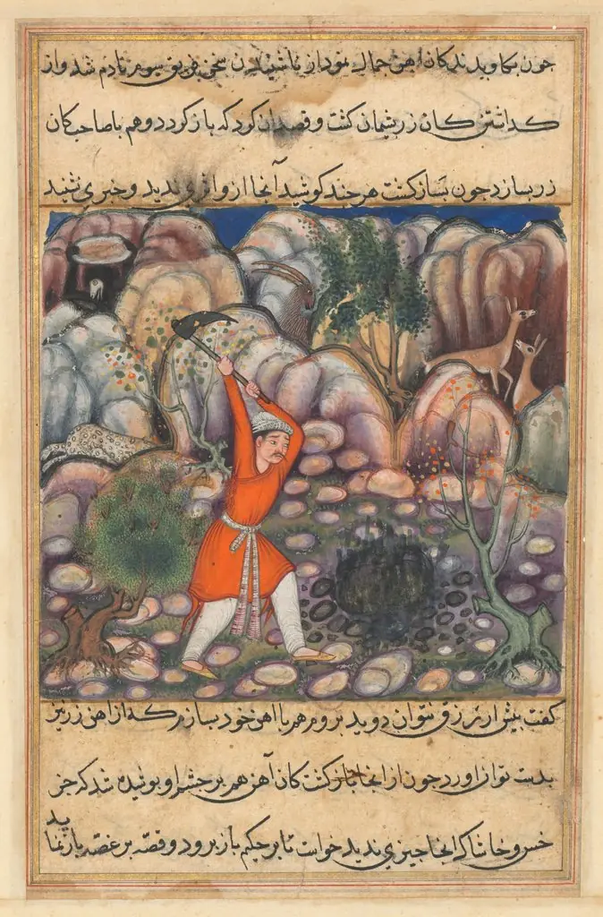The fourth man digs at the spot where he dropped the shell, expecting jewels, but discovering mere iron, from a Tuti-nama (Tales of a Parrot): Forty-seventh Night, by Unknown