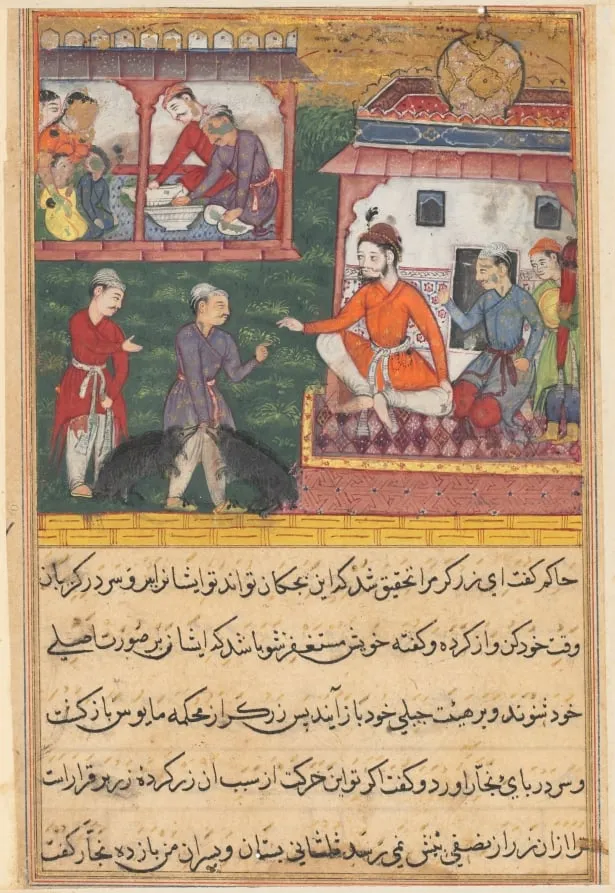 The goldsmith judged; the bear cubs trained by the carpenter as though they were his sons, from a Tuti-nama (Tales of a Parrot): Third Night, by Unknown, unspecified, 1560