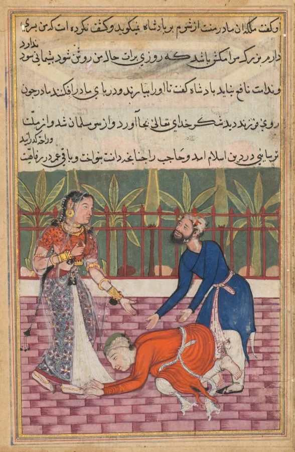 The guard restores the son who falls at his mother’s feet, from a Tuti-nama (Tales of a Parrot): Fiftieth Night, by Unknown, unspecified, 1560