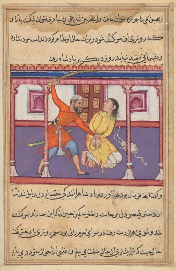 The guard spares the life of the slave when he learns that he is the son of the princess of the Rum, from a Tuti-nama (Tales of a Parrot): Fiftieth Night, by Unknown, unspecified, 1560
