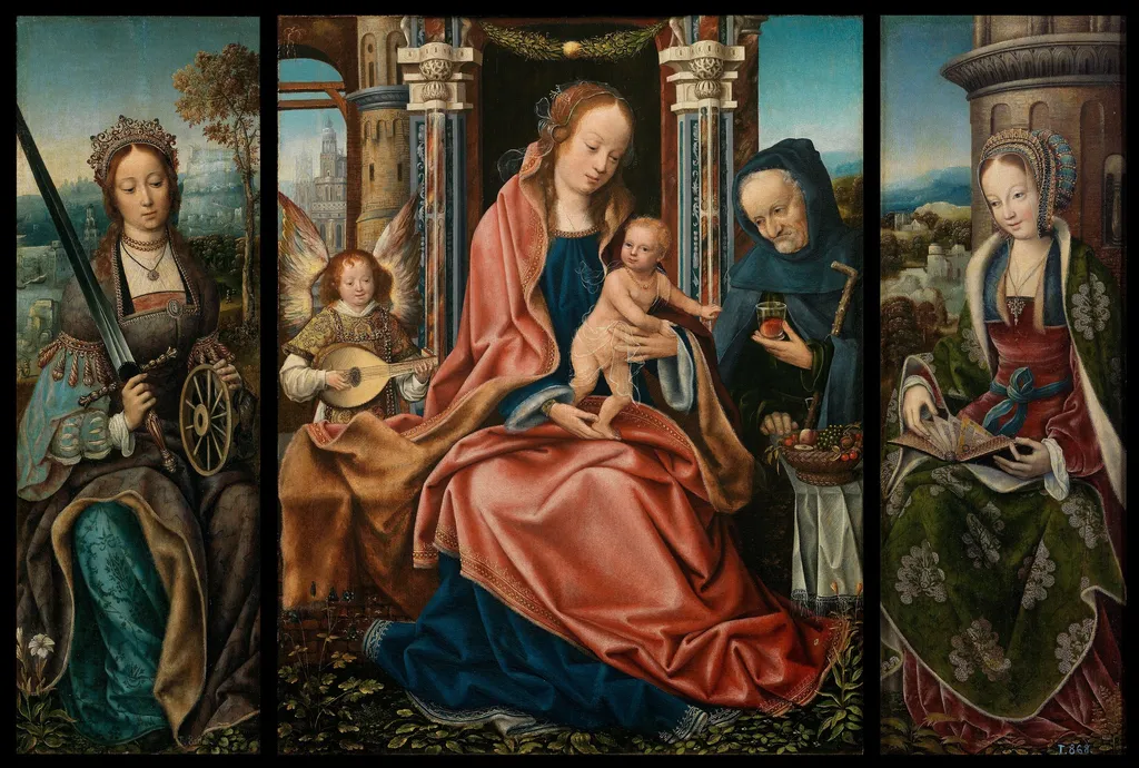 The Holy Family with a Musician Angel Saints Catherine and Barbara, by Unknown, oil, 1510