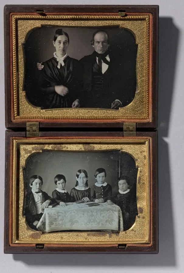 The Homework Table & Parents of Five Children Doing Homework, by Unknown, 1859