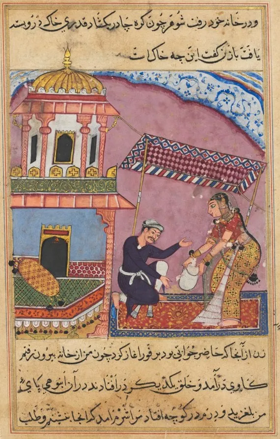 The husband berates his wife for purchasing gravel instead of sugar, from a Tuti-nama (Tales of a Parrot): Eighth Night, by Unknown, unspecified, 1560