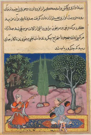 The invention of musical instruments from the intestines of a monkey, from a Tuti-nama (Tales of a Parrot): Fourteenth Night, by Unknown, 1560