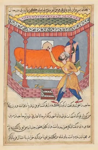 The king places the talisman on his sleeping wife, from a Tuti-nama (Tales of a Parrot): Fiftieth Night, by Unknown