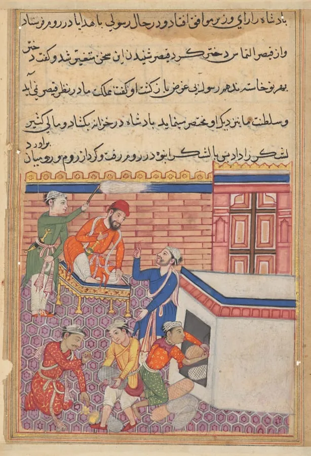 The king’s emissary being provided with gifts for his mission to Rum in order to seek the hand of the emperor’s daughter in marriage, from a Tuti-nama (Tales of a Parrot): Fiftieth Night, by Unknown, unspecified, 1560