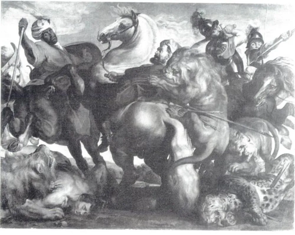 The Lion and Leopard Hunt, by Unknown, oil, 1617