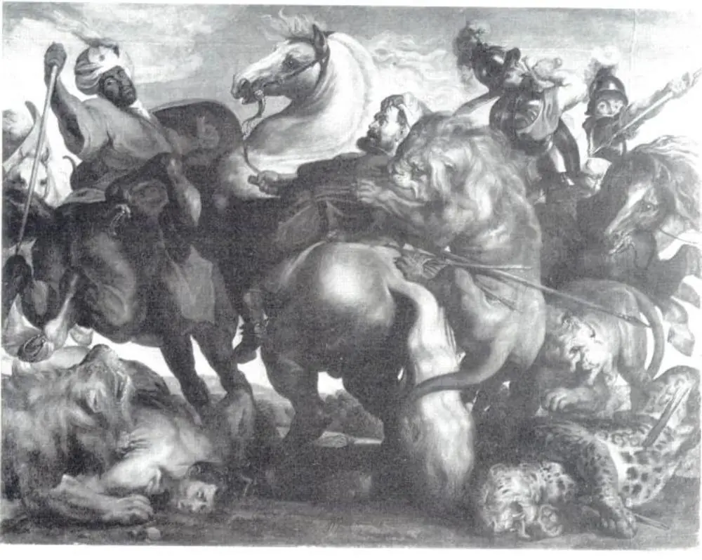 The Lion and Leopard Hunt, by Unknown, 1617