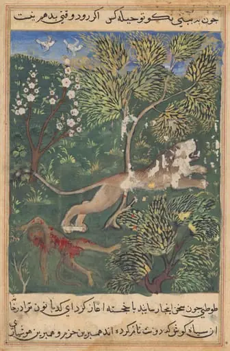 The lion, suspecting treachery on the part of the monkey, slays him and flees, from a Tuti-nama (Tales of a Parrot): Twenty-ninth Night, by Unknown