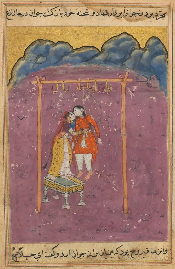 The lover of Hamnaz, who has been hanged from the gallows, bites off her nose when she kisses him, from a Tuti-nama (Tales of a Parrot): Twenty-fifth Night, by Unknown