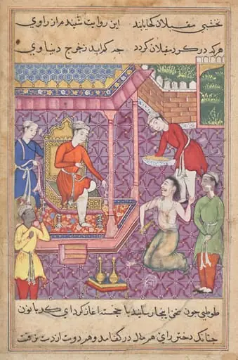 The magician disguised as a Brahman returns to claim his “daughter-in-law,” from a Tuti-nama (Tales of a Parrot): Thirty-fifth Night, by Unknown